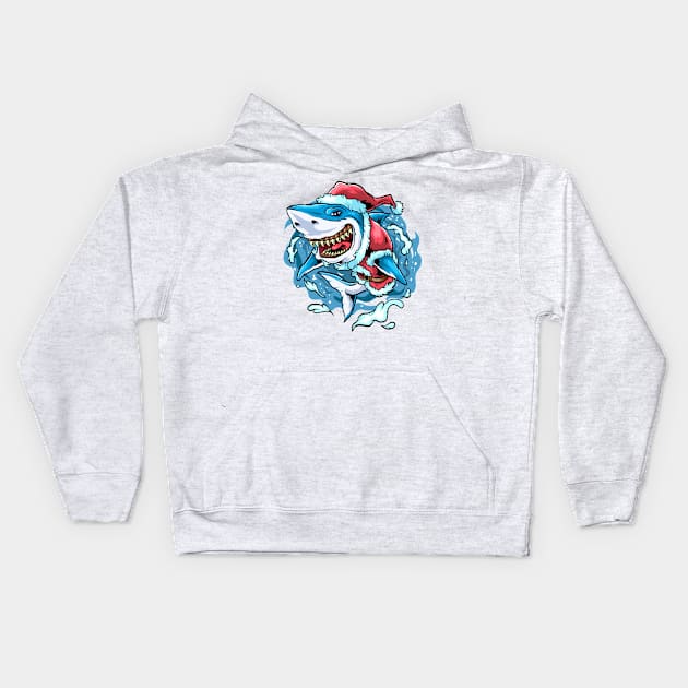 Christmas Santa Great White Shark Kids Hoodie by BDAZ